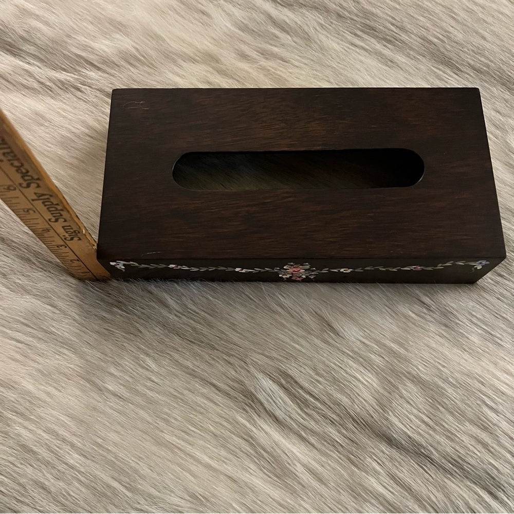 Vintage HANDPAINTED Flowets Dark Wooden Rectangle Tissue Box Covet Midcentury - Picture 11 of 12